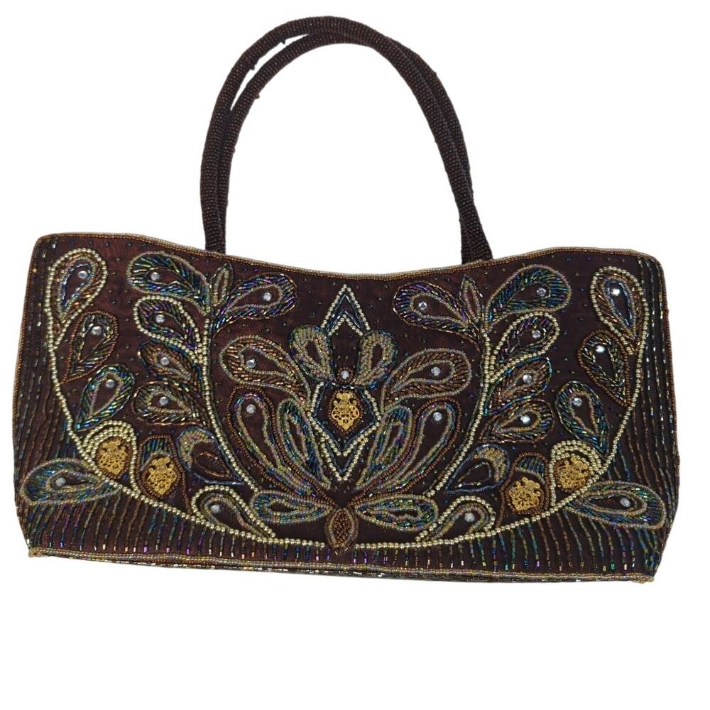 Beaded Sequins Embroidered Top Handle Bag Brown